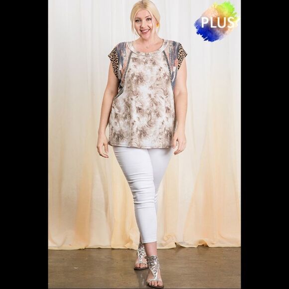 ces femme mixed material short sleeve top with brown tie dye and leopard… - Picture 1 of 4